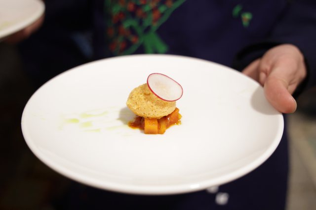 A hand holds a white plate with a small bite garnished with radish.